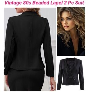 Wool Suit Beaded Lapel Collarless Blazer Black Dress Pencil Skirt USA Made 1980s